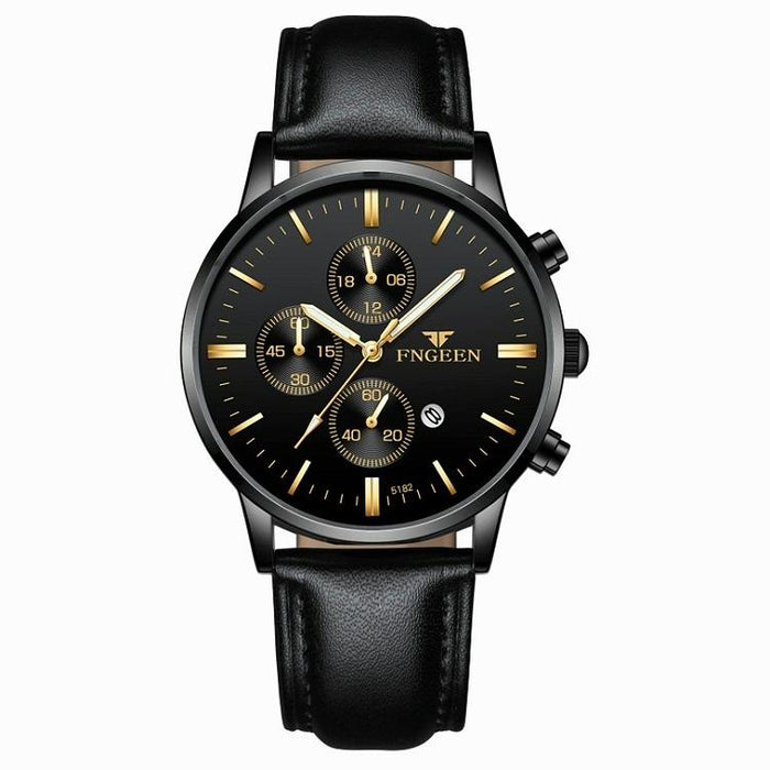 W5128 Men Three Eyes Subdial Luminous Quartz Student Simple Watch All Black Surface Golden Nails