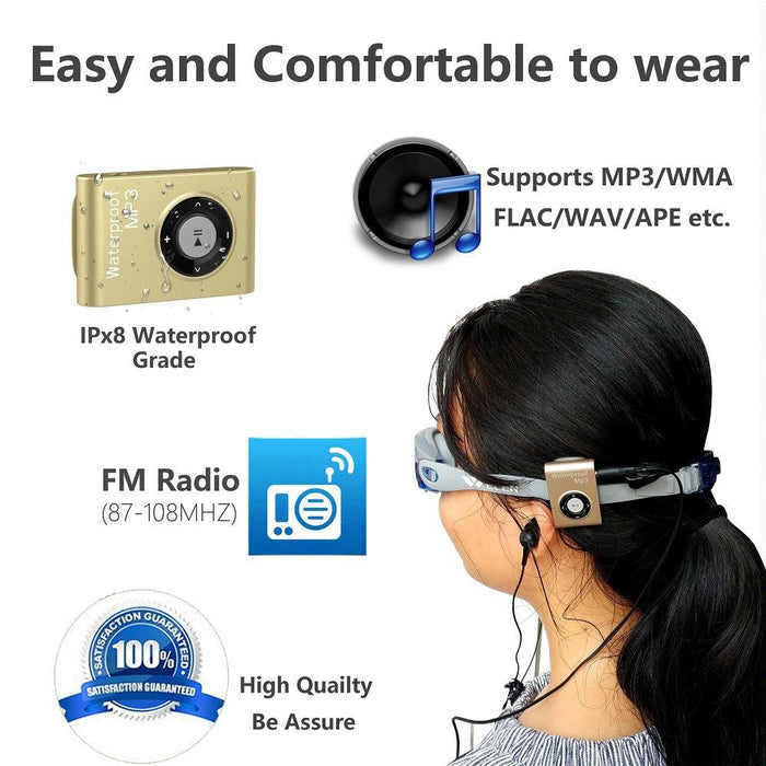 Waterproof Mp3 Player For Swimming & Diving 8Gb Memory Fm Radio Clip & Earphones