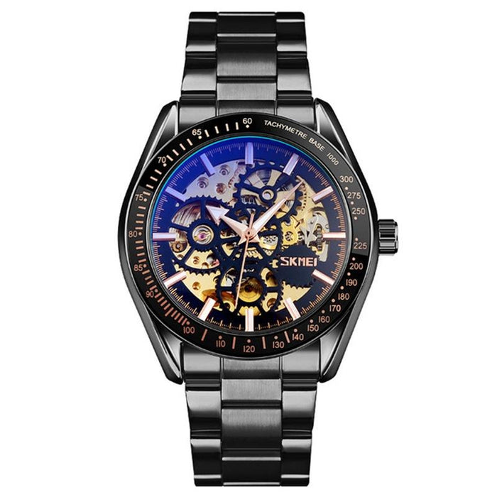 9194 Men Automatic Skeleton Mechanical Steel Band Watch Black