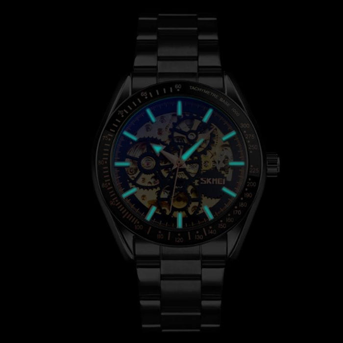 9194 Men Automatic Skeleton Mechanical Steel Band Watch Black