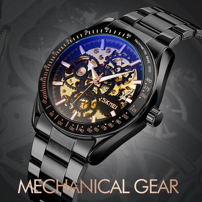 9194 Men Automatic Skeleton Mechanical Steel Band Watch Silver