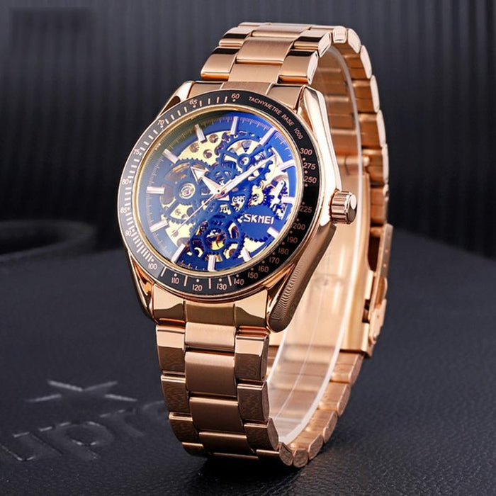 9194 Men Automatic Skeleton Mechanical Steel Band Watch Silver