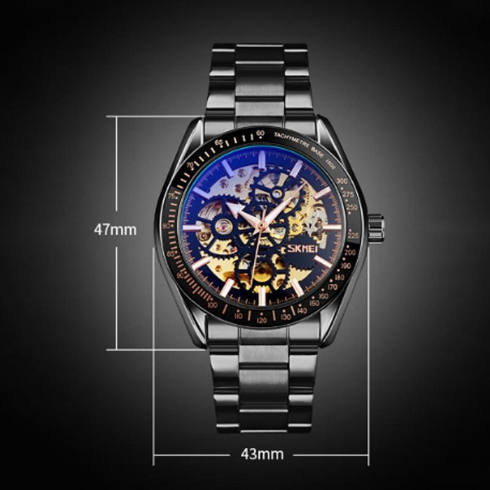 9194 Men Automatic Skeleton Mechanical Steel Band Watch Silver