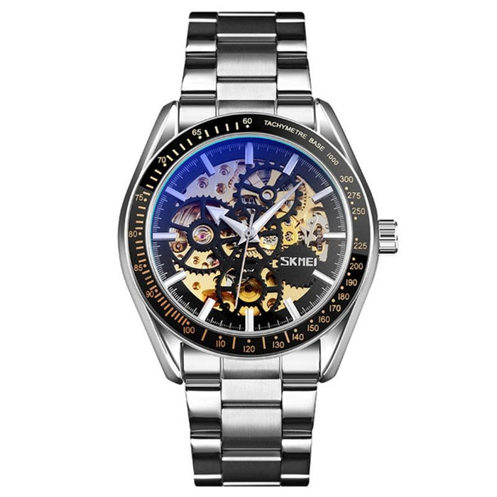 9194 Men Automatic Skeleton Mechanical Steel Band Watch Silver