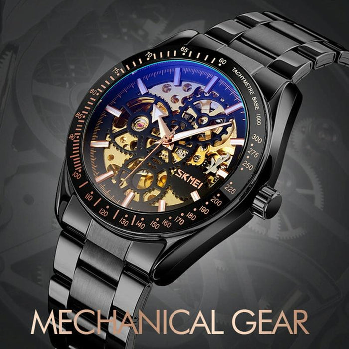 9194 Men Automatic Skeleton Mechanical Steel Band Watch Golden Black Face