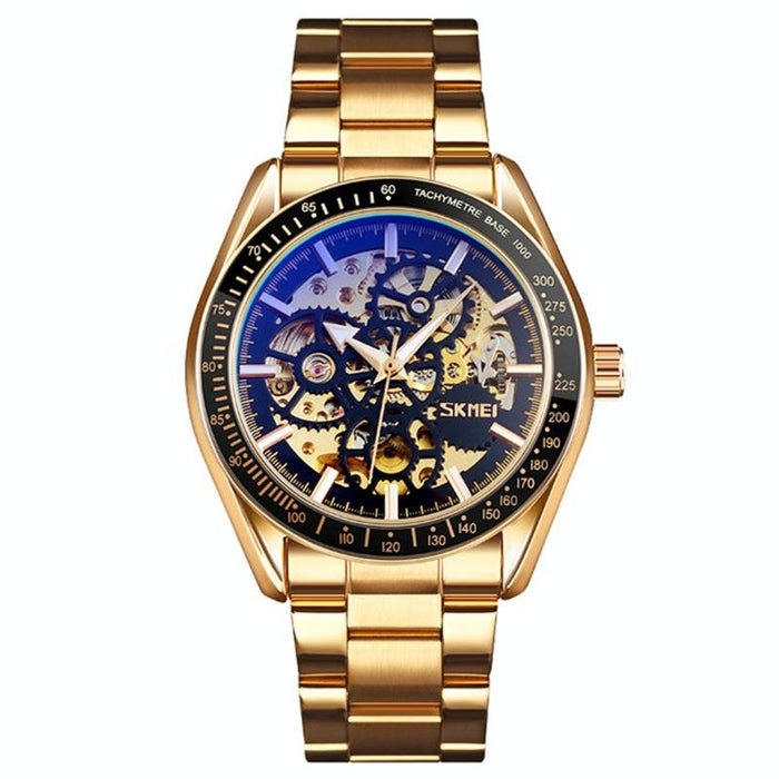 9194 Men Automatic Skeleton Mechanical Steel Band Watch Golden Black Face