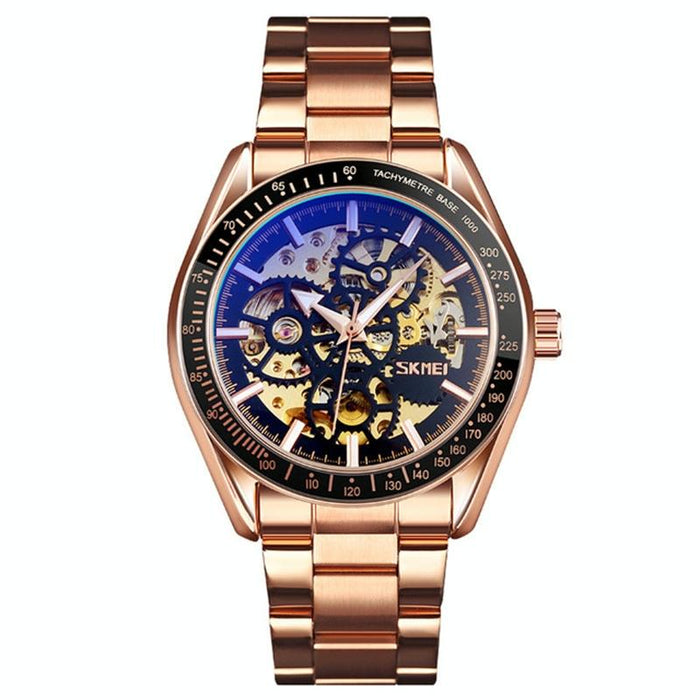 9194 Men Automatic Skeleton Mechanical Steel Band Watch Rose Gold