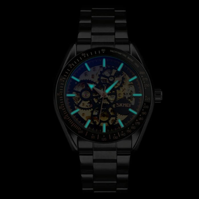 9194 Men Automatic Skeleton Mechanical Steel Band Watch Rose Gold