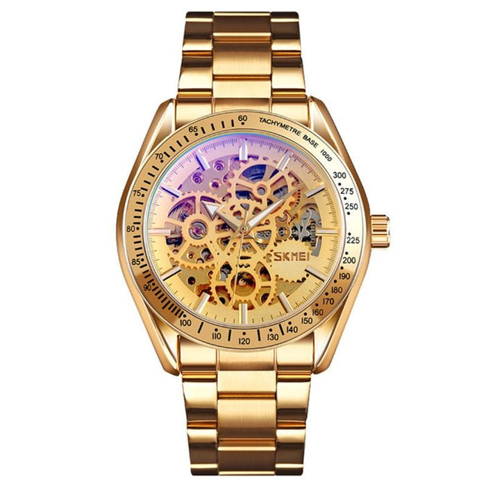 9194 Men Automatic Skeleton Mechanical Steel Band Watch Golden Gold Face