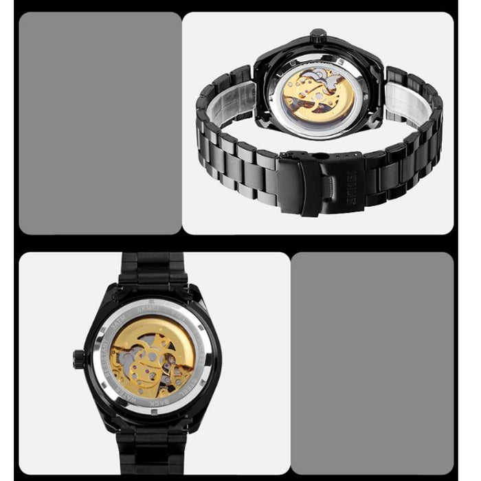 9194 Men Automatic Skeleton Mechanical Steel Band Watch Golden Gold Face