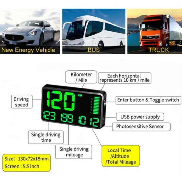 Universal 5.5 Inch Hud Car Head Up Display Gps Speed Meter & Alarm