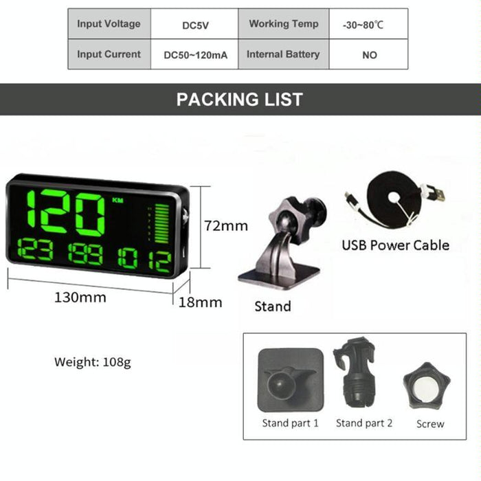 Universal 5.5 Inch Hud Car Head Up Display Gps Speed Meter & Alarm