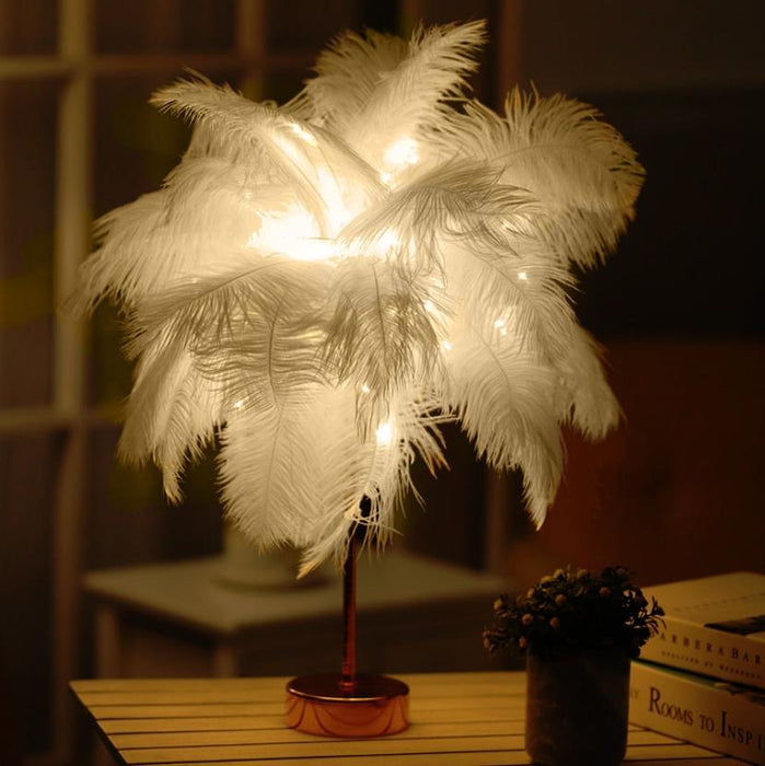Feather Table Lamp With Led Night Light Wrought Iron & Copper Wire
