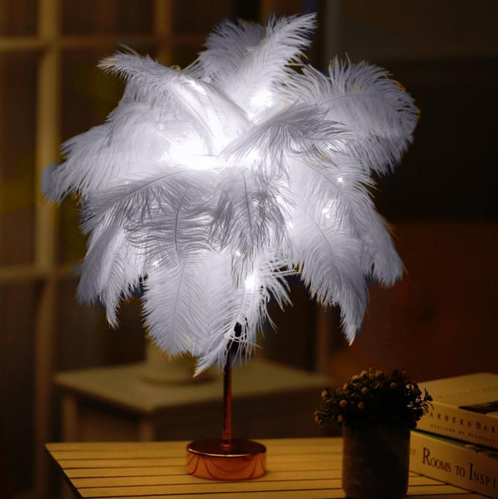 Feather Table Lamp With Led Night Light Wrought Iron & Copper Wire