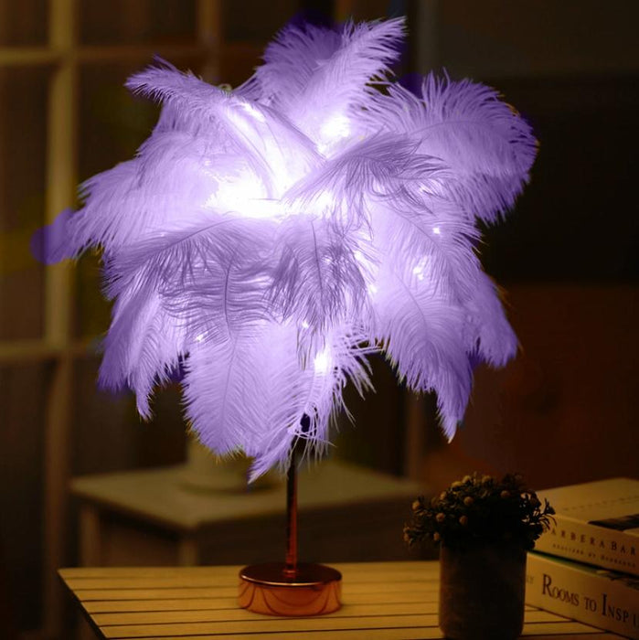 Feather Table Lamp With Led Night Light Wrought Iron & Copper Wire
