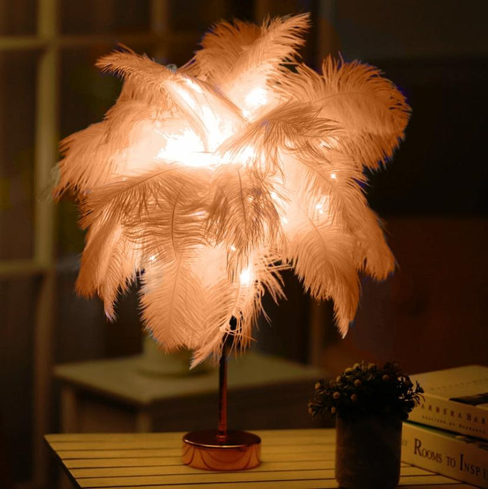 Feather Table Lamp With Led Night Light Wrought Iron & Copper Wire