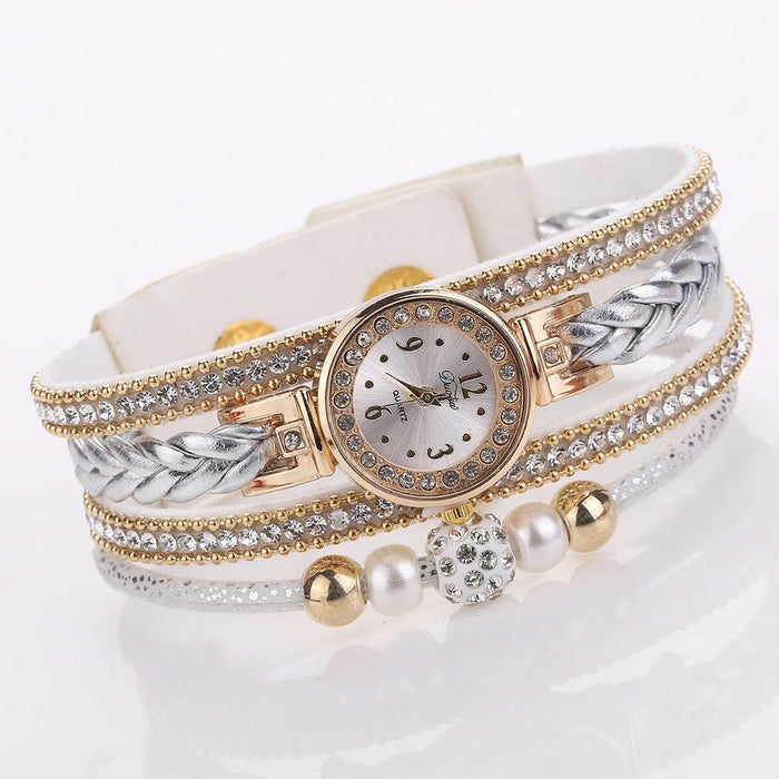 Duoya D249 Woven Twisted Pearls Round Analog Quartz Wrist Bracelet Watch For Women Beige