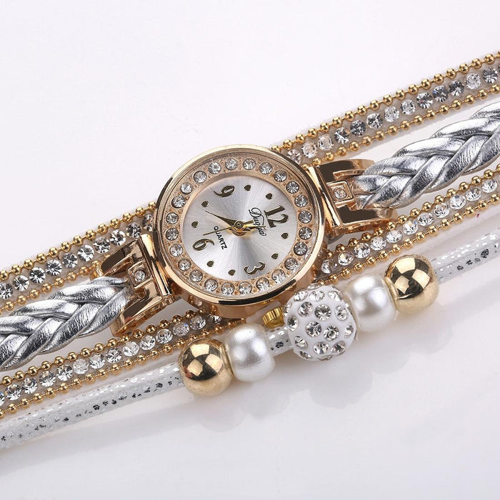 Duoya D249 Woven Twisted Pearls Round Analog Quartz Wrist Bracelet Watch For Women Beige