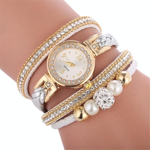 Duoya D249 Woven Twisted Pearls Round Analog Quartz Wrist Bracelet Watch For Women Beige