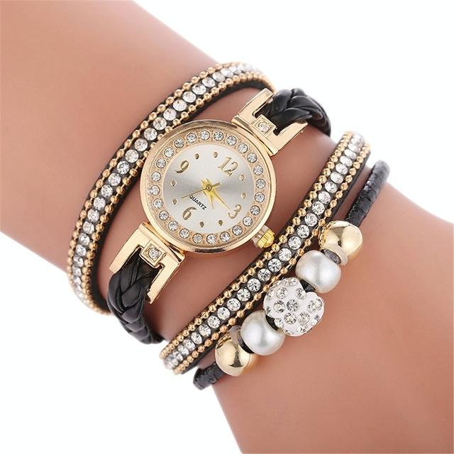 Duoya D249 Woven Twisted Pearls Round Analog Quartz Wrist Bracelet Watch For Women Beige