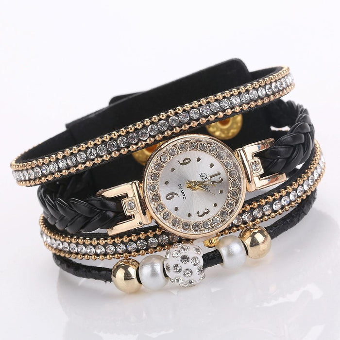 Duoya D249 Woven Twisted Pearls Round Analog Quartz Wrist Bracelet Watch For Women Beige