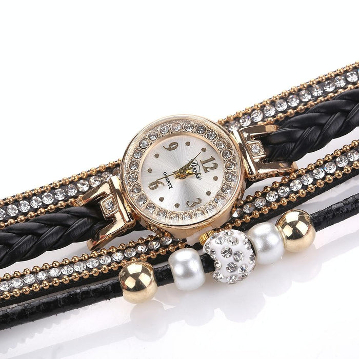 Duoya D249 Woven Twisted Pearls Round Analog Quartz Wrist Bracelet Watch For Women Beige