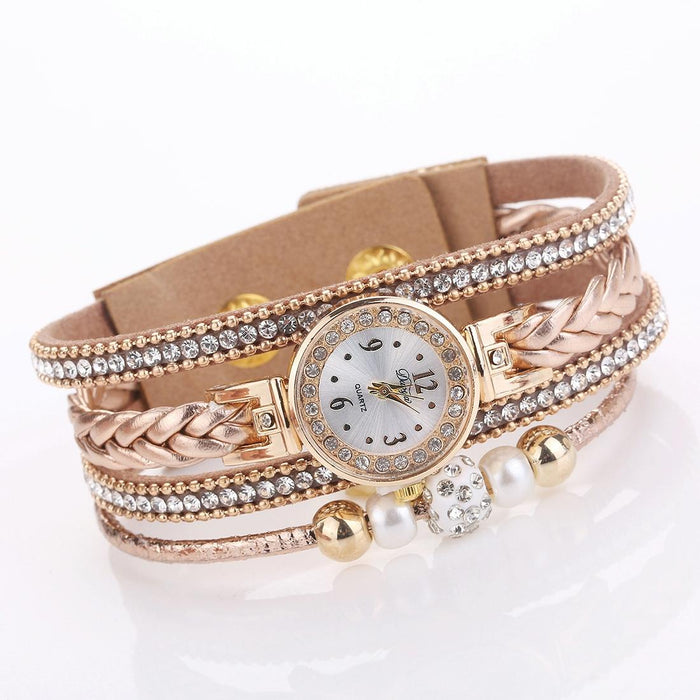 Duoya D249 Woven Twisted Pearls Round Analog Quartz Wrist Bracelet Watch For Women Beige