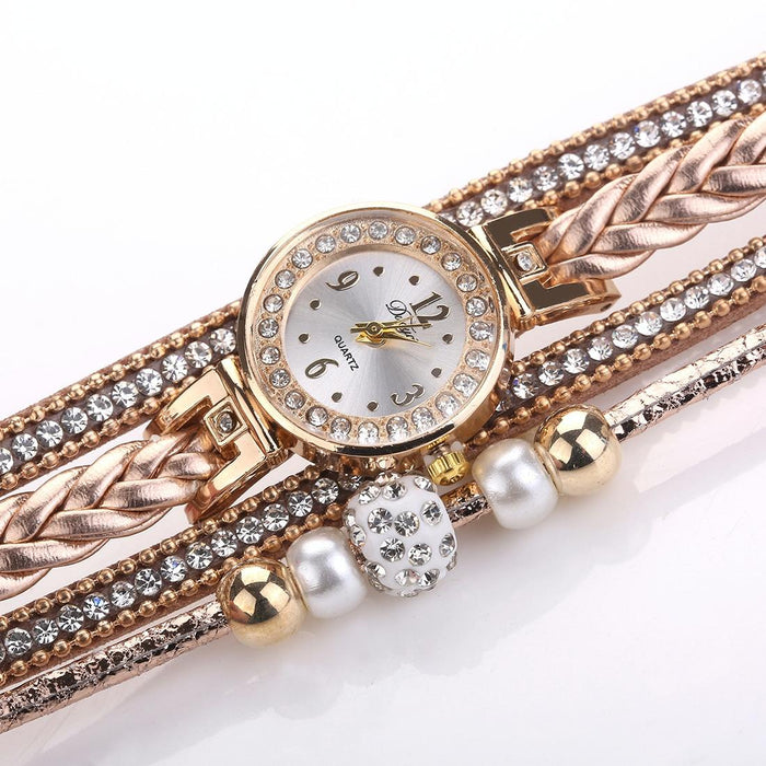 Duoya D249 Woven Twisted Pearls Round Analog Quartz Wrist Bracelet Watch For Women Beige
