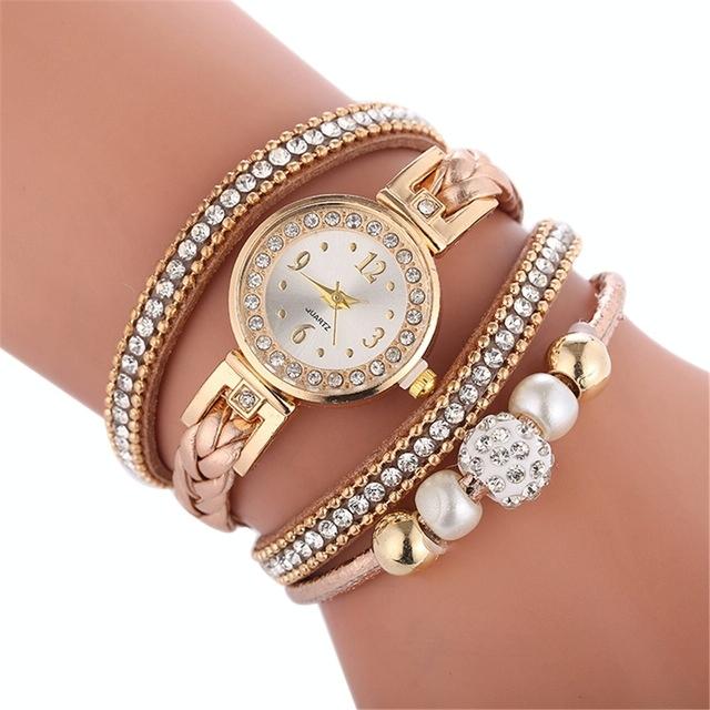 Duoya D249 Woven Twisted Pearls Round Analog Quartz Wrist Bracelet Watch For Women Beige
