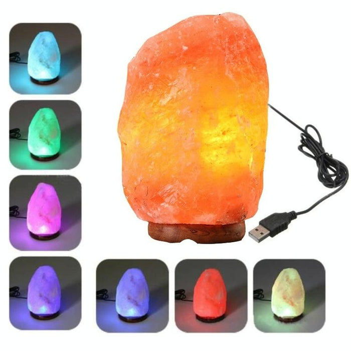 Usb Himalayan Salt Desk Lamp With Wood Base & Colourful Light 2-3Kg