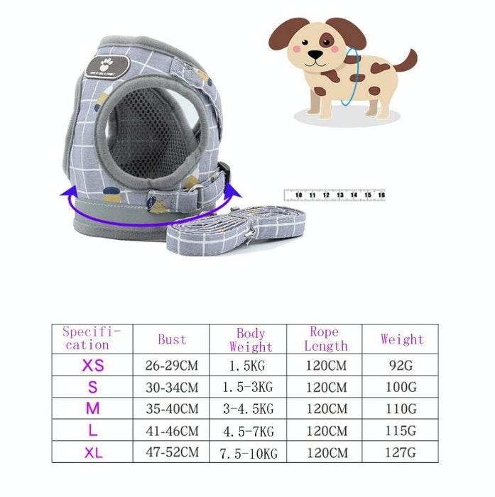Reflective Breathable Pet Vest Leash Size S Gray Grid