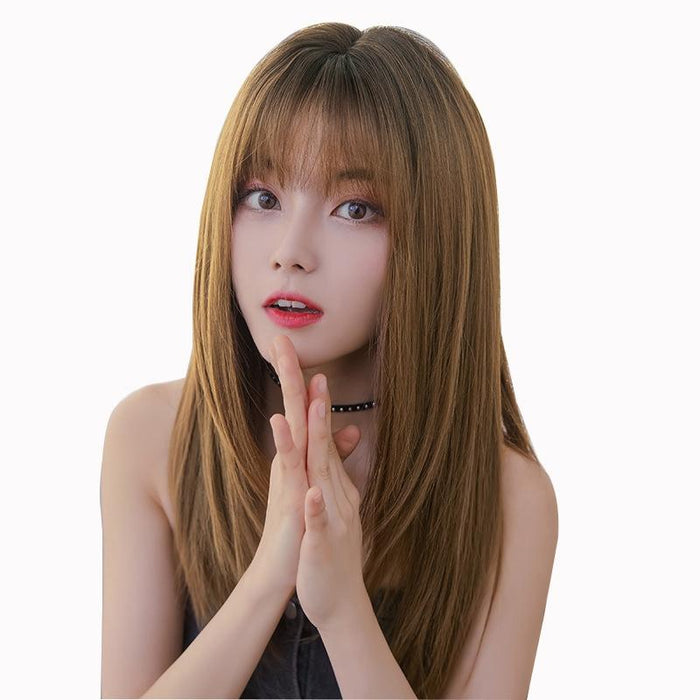 Long Straight Hair Air Bangs Wig Set Honey Tea
