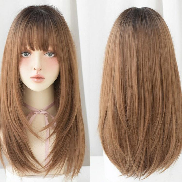 Long Straight Hair Air Bangs Wig Set Honey Tea