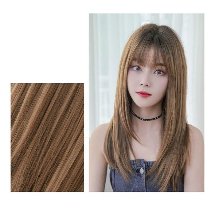 Long Straight Hair Air Bangs Wig Set Honey Tea