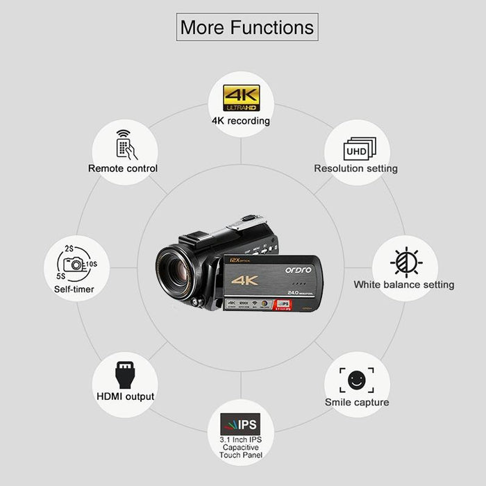 4K Night Vision Wifi Camcorder With 12X Zoom  &  Mic  &  Stand