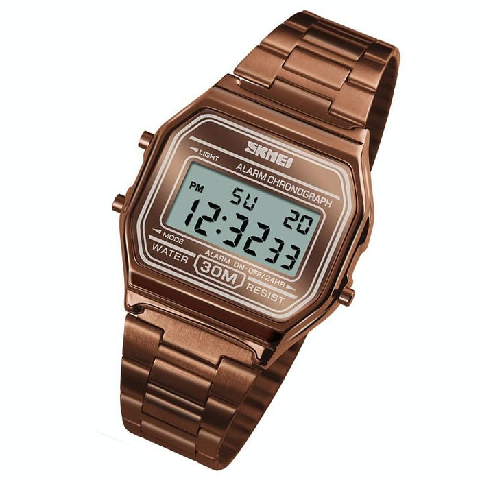 1123 Men Business Lightweight Waterproof Steel Band Electronic Watch Coffee Gold