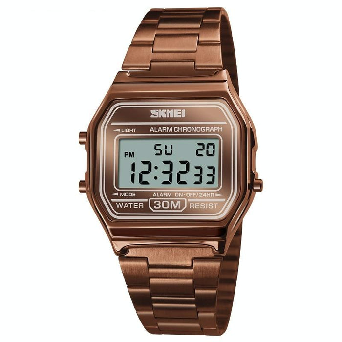 1123 Men Business Lightweight Waterproof Steel Band Electronic Watch Coffee Gold