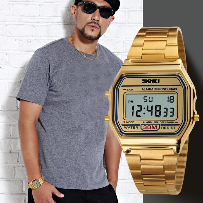 1123 Men Business Lightweight Waterproof Steel Band Electronic Watch Coffee Gold