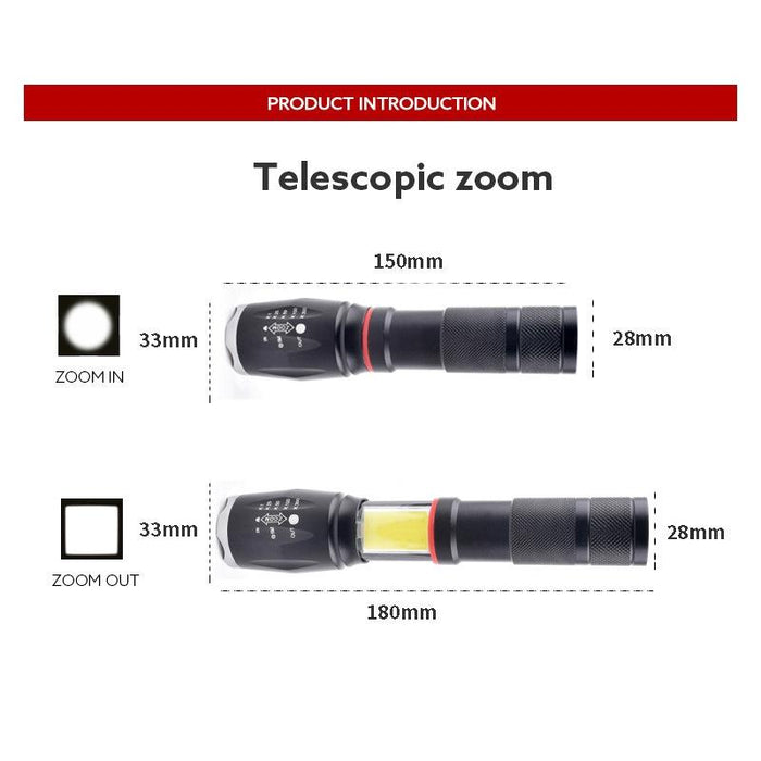 Rechargeable Led Flashlight With Strong Magnetic Zoom Black No Battery / Charger