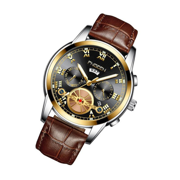 4001 Men Multi-Function Quartz Watch Brown Leather Gold Black Surface