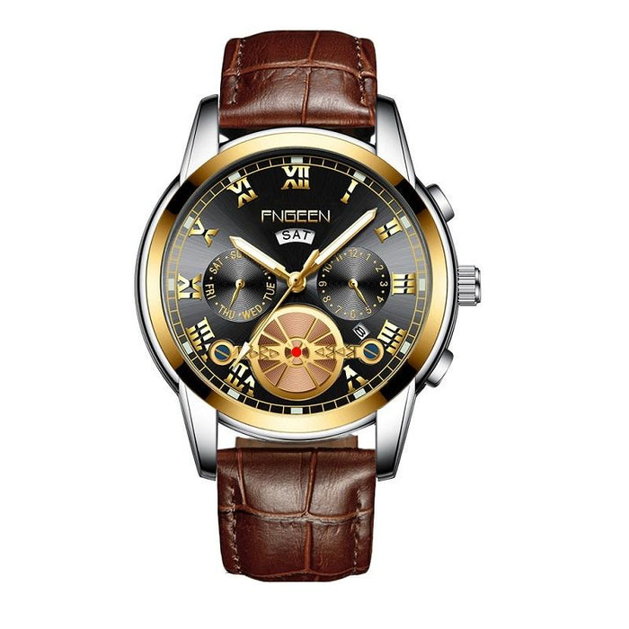 4001 Men Multi-Function Quartz Watch Brown Leather Gold Black Surface