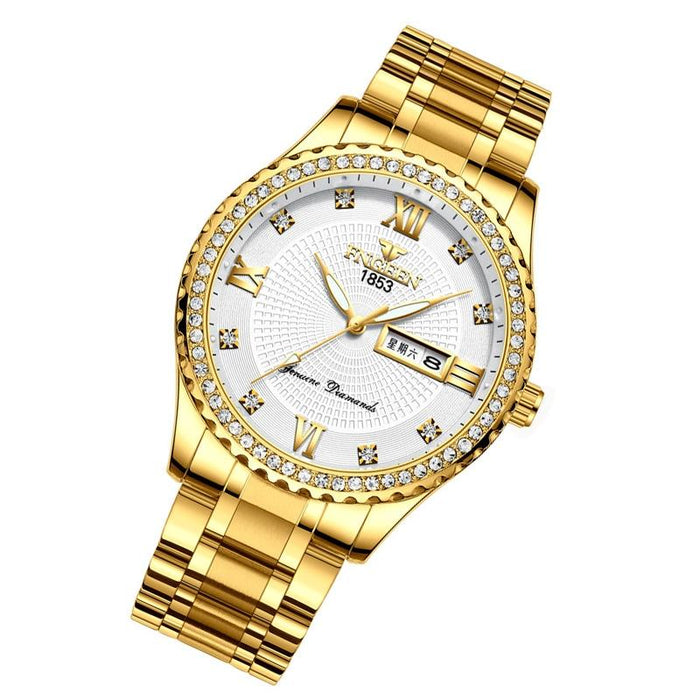 S888 Men Local Non Mechanical Solid Belt Luminous Quartz Watch Full Gold White Surface
