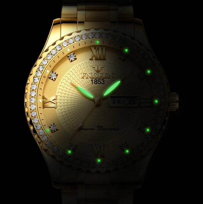 S888 Men Local Non Mechanical Solid Belt Luminous Quartz Watch Full Gold White Surface