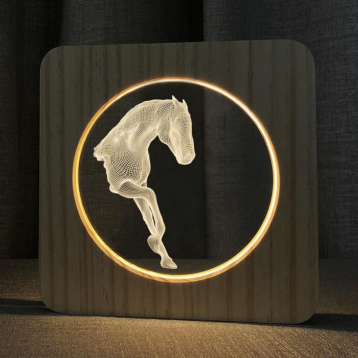 3D Horse Wooden Table Lamp Warm White Light For Bedroom