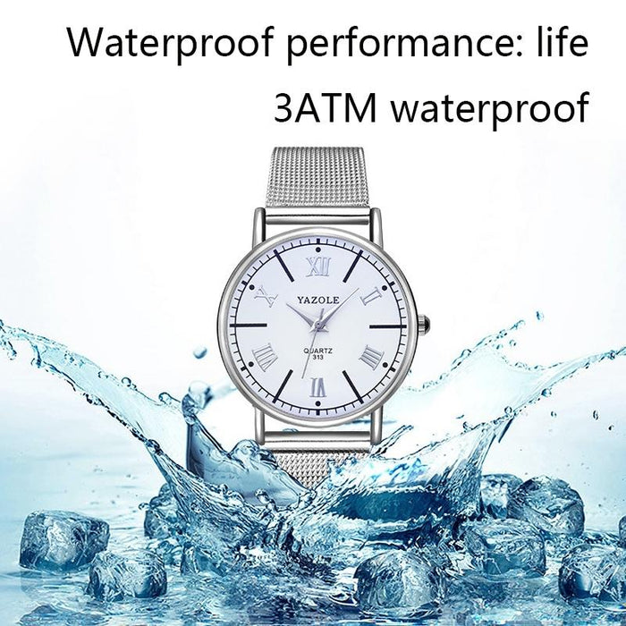 313 Roman Numeral Dial Women Business Quartz Watch Black Tray Silver Net Belt