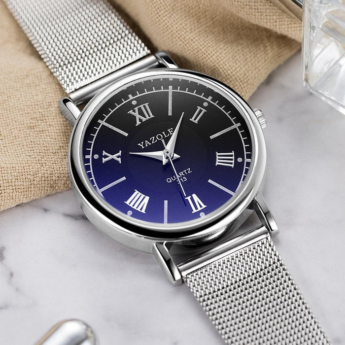 313 Roman Numeral Dial Women Business Quartz Watch Black Tray Silver Net Belt