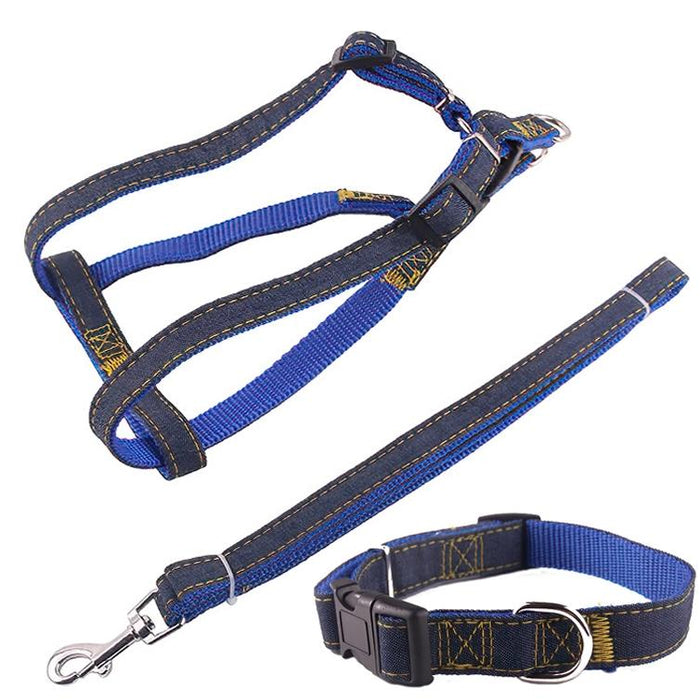 Strong Denim Dog Leash Set Leash Chest Strap Collar Size L