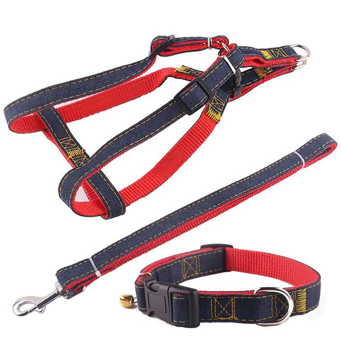 Strong Denim Dog Leash Set Leash Chest Strap Collar Size L