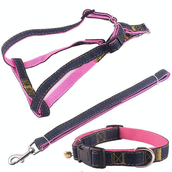 Strong Denim Dog Leash Set Leash Chest Strap Collar Size L