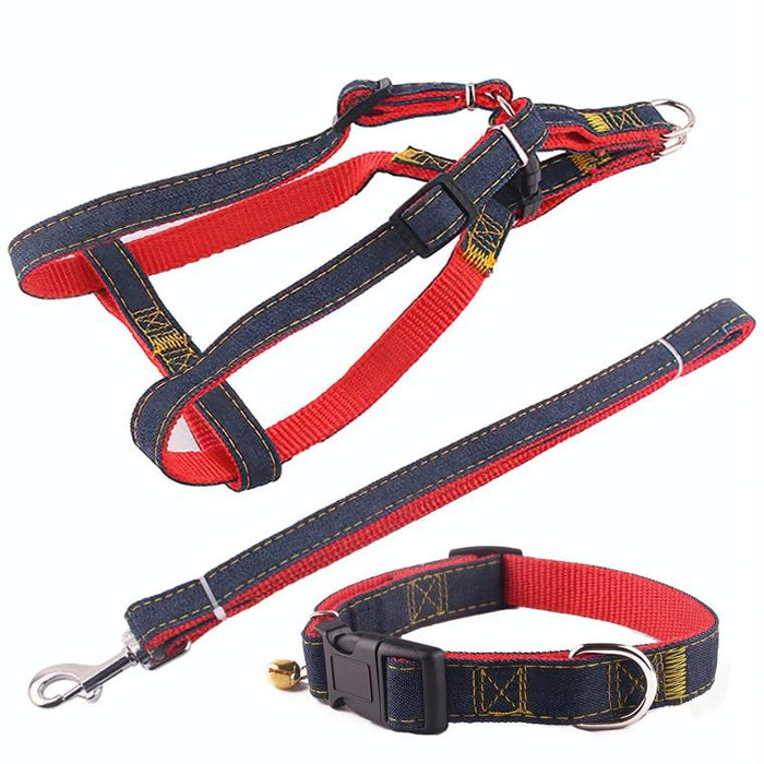 Strong Denim Dog Leash Set Leash Chest Strap Collar Size L